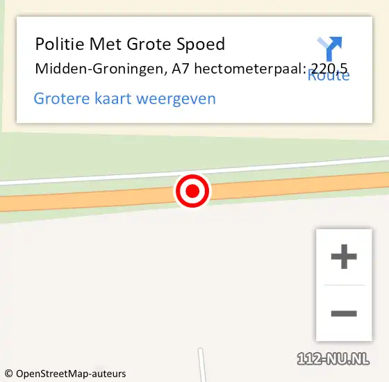 Locatie op kaart van de 112 melding: Politie Met Grote Spoed Naar Midden-Groningen, A7 hectometerpaal: 220,5 op 18 september 2024 17:10