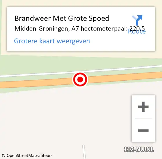 Locatie op kaart van de 112 melding: Brandweer Met Grote Spoed Naar Midden-Groningen, A7 hectometerpaal: 220,5 op 18 september 2024 17:11