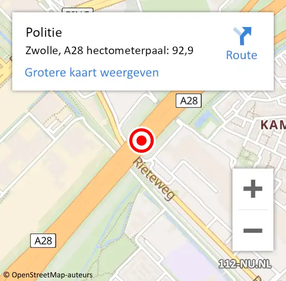 Locatie op kaart van de 112 melding: Politie Zwolle, A28 hectometerpaal: 92,9 op 18 september 2024 17:19