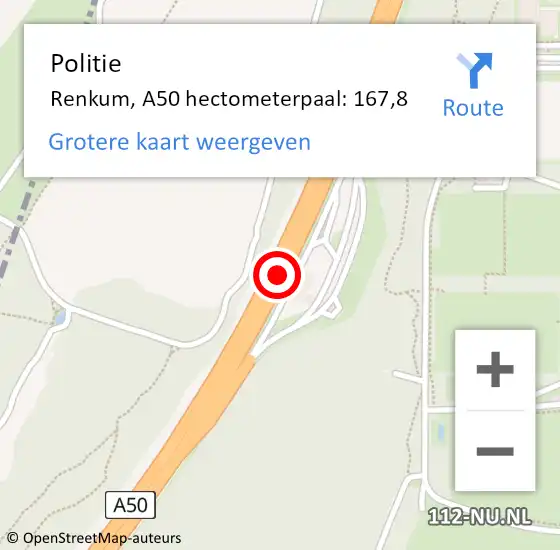 Locatie op kaart van de 112 melding: Politie Renkum, A50 hectometerpaal: 167,8 op 18 september 2024 17:35