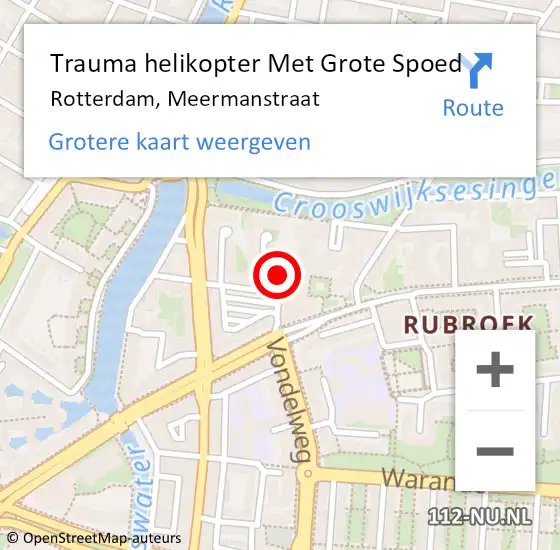 Locatie op kaart van de 112 melding: Trauma helikopter Met Grote Spoed Naar Rotterdam, Meermanstraat op 18 september 2024 18:06