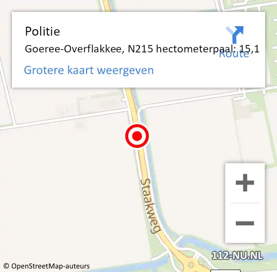 Locatie op kaart van de 112 melding: Politie Goeree-Overflakkee, N215 hectometerpaal: 15,1 op 18 september 2024 18:08