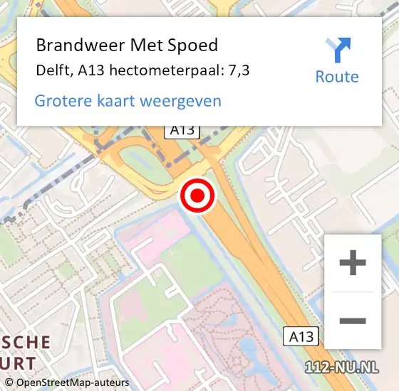 Locatie op kaart van de 112 melding: Brandweer Met Spoed Naar Delft, A13 hectometerpaal: 7,3 op 18 september 2024 18:09