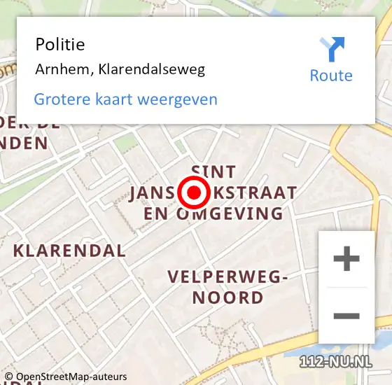 Locatie op kaart van de 112 melding: Politie Arnhem, Klarendalseweg op 18 september 2024 18:21