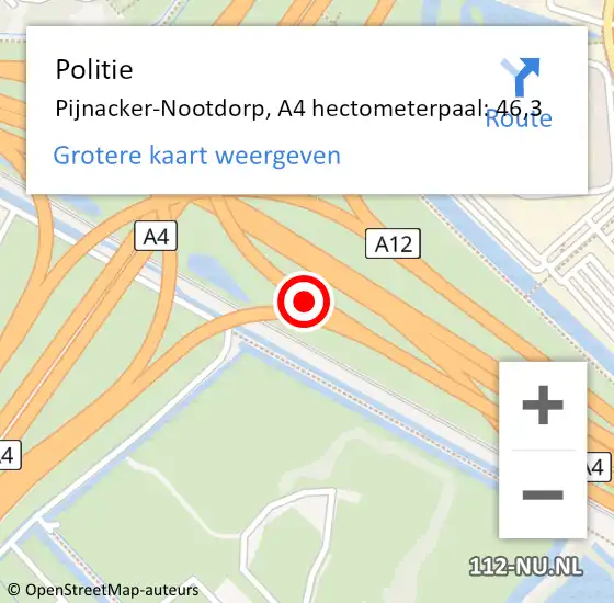 Locatie op kaart van de 112 melding: Politie Pijnacker-Nootdorp, A4 hectometerpaal: 46,3 op 18 september 2024 19:03