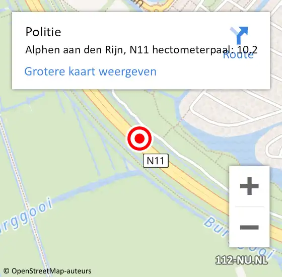 Locatie op kaart van de 112 melding: Politie Alphen aan den Rijn, N11 hectometerpaal: 10,2 op 18 september 2024 19:22