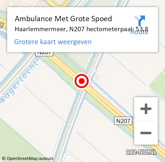 Locatie op kaart van de 112 melding: Ambulance Met Grote Spoed Naar Haarlemmermeer, N207 hectometerpaal: 53,8 op 18 september 2024 19:58