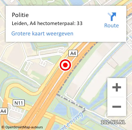 Locatie op kaart van de 112 melding: Politie Leiden, A4 hectometerpaal: 33 op 18 september 2024 20:59