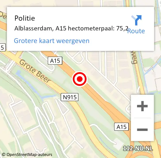 Locatie op kaart van de 112 melding: Politie Alblasserdam, A15 hectometerpaal: 75,2 op 18 september 2024 21:01