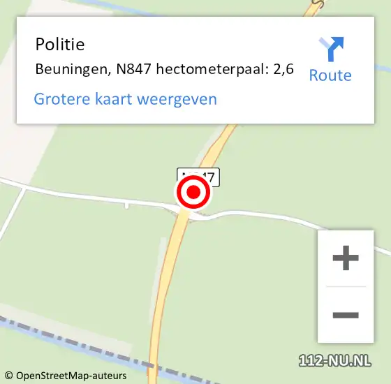 Locatie op kaart van de 112 melding: Politie Beuningen, N847 hectometerpaal: 2,6 op 18 september 2024 21:02