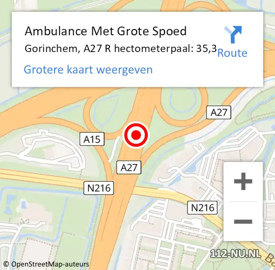 Locatie op kaart van de 112 melding: Ambulance Met Grote Spoed Naar Gorinchem, A27 R hectometerpaal: 35,3 op 20 oktober 2014 15:32