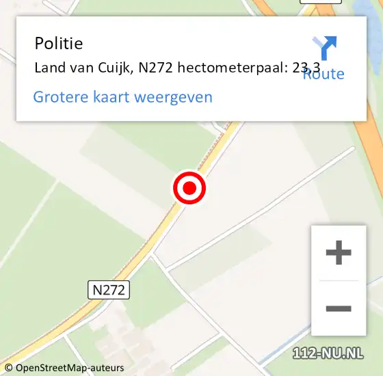 Locatie op kaart van de 112 melding: Politie Land van Cuijk, N272 hectometerpaal: 23,3 op 18 september 2024 21:40