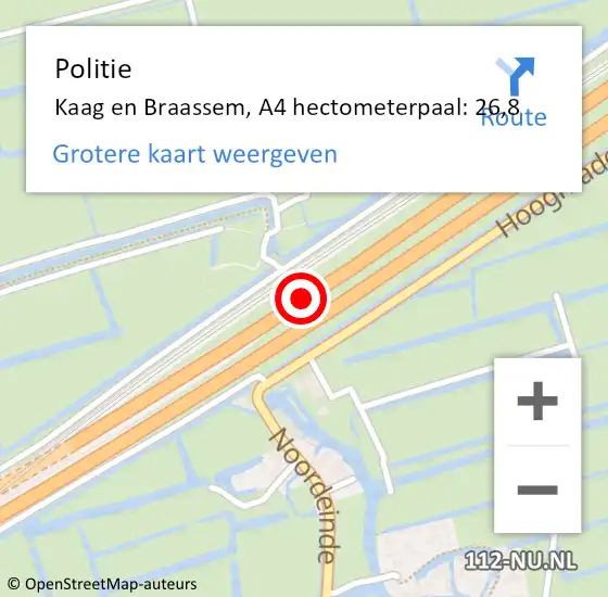 Locatie op kaart van de 112 melding: Politie Kaag en Braassem, A4 hectometerpaal: 26,8 op 19 september 2024 00:19