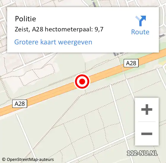 Locatie op kaart van de 112 melding: Politie Zeist, A28 hectometerpaal: 9,7 op 19 september 2024 01:14