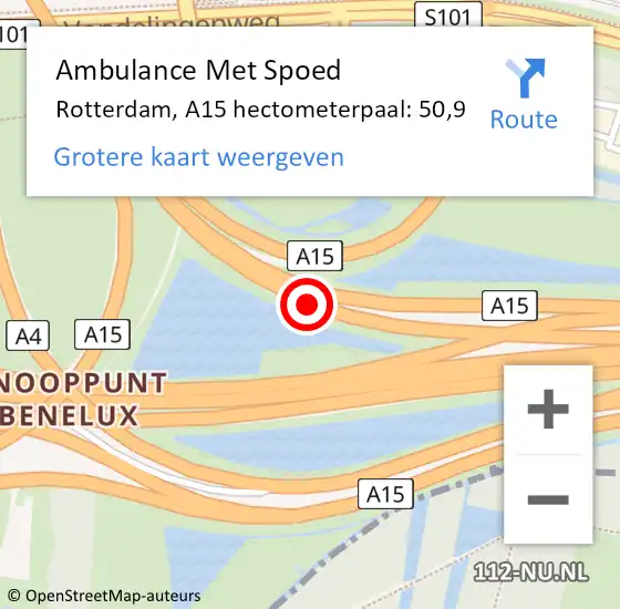 Locatie op kaart van de 112 melding: Ambulance Met Spoed Naar Rotterdam, A15 hectometerpaal: 50,9 op 19 september 2024 06:40