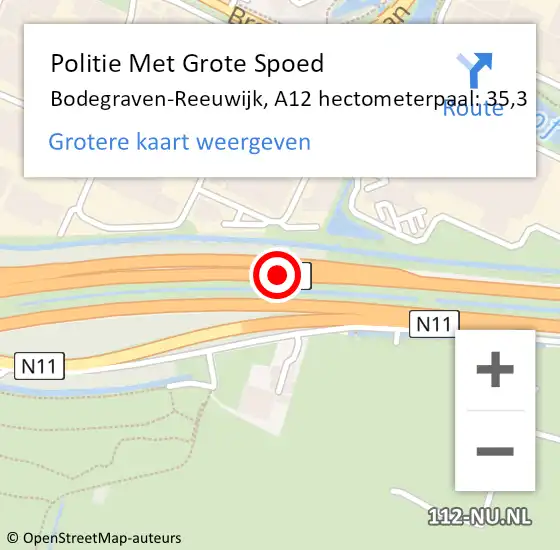 Locatie op kaart van de 112 melding: Politie Met Grote Spoed Naar Bodegraven-Reeuwijk, A12 hectometerpaal: 35,3 op 19 september 2024 07:30