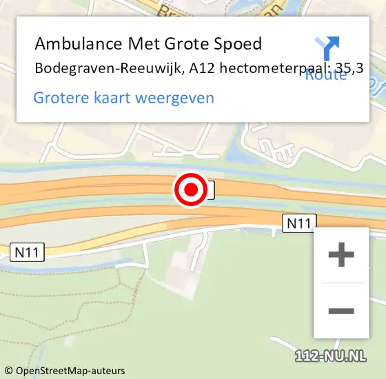 Locatie op kaart van de 112 melding: Ambulance Met Grote Spoed Naar Bodegraven-Reeuwijk, A12 hectometerpaal: 35,3 op 19 september 2024 07:33