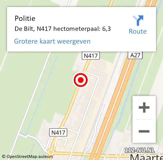 Locatie op kaart van de 112 melding: Politie De Bilt, N417 hectometerpaal: 6,3 op 19 september 2024 08:12