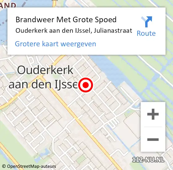 Locatie op kaart van de 112 melding: Brandweer Met Grote Spoed Naar Ouderkerk aan den IJssel, Julianastraat op 19 september 2024 10:15