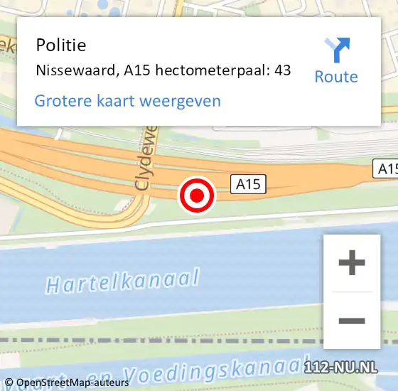 Locatie op kaart van de 112 melding: Politie Nissewaard, A15 hectometerpaal: 43 op 19 september 2024 10:20