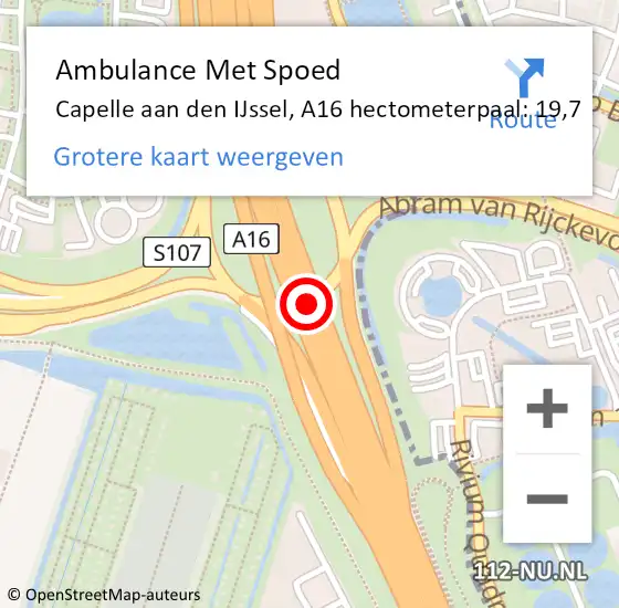 Locatie op kaart van de 112 melding: Ambulance Met Spoed Naar Capelle aan den IJssel, A16 hectometerpaal: 19,7 op 19 september 2024 13:08