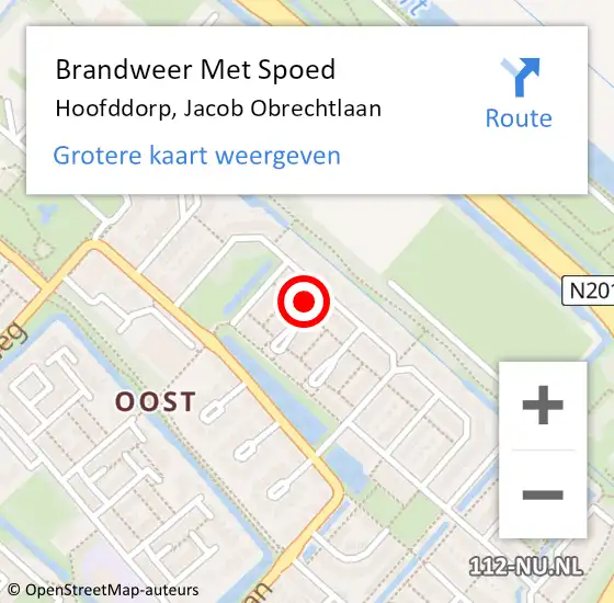 Locatie op kaart van de 112 melding: Brandweer Met Spoed Naar Hoofddorp, Jacob Obrechtlaan op 19 september 2024 13:39