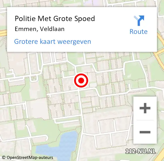 Locatie op kaart van de 112 melding: Politie Met Grote Spoed Naar Emmen, Veldlaan op 19 september 2024 13:59