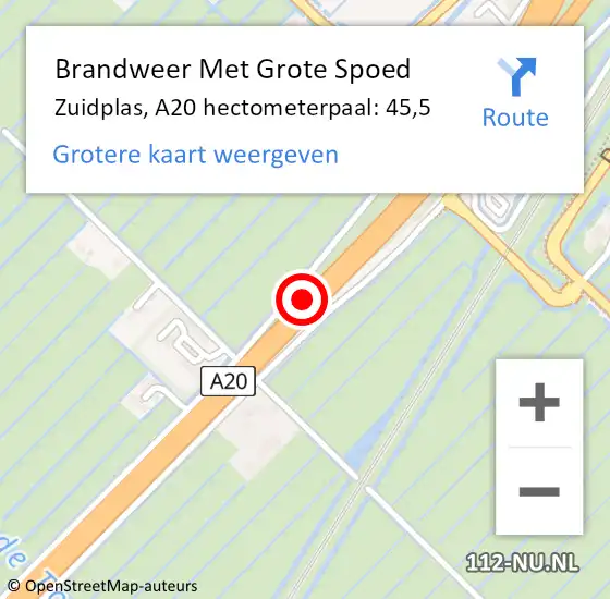 Locatie op kaart van de 112 melding: Brandweer Met Grote Spoed Naar Zuidplas, A20 hectometerpaal: 45,5 op 19 september 2024 14:03