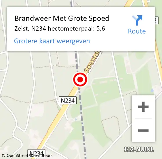 Locatie op kaart van de 112 melding: Brandweer Met Grote Spoed Naar Zeist, N234 hectometerpaal: 5,6 op 19 september 2024 14:10