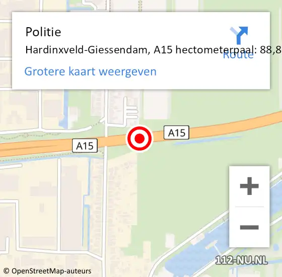 Locatie op kaart van de 112 melding: Politie Hardinxveld-Giessendam, A15 hectometerpaal: 88,8 op 19 september 2024 15:48