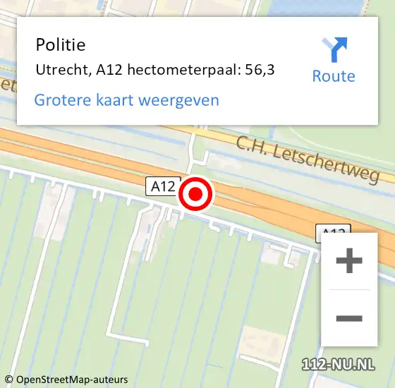 Locatie op kaart van de 112 melding: Politie Utrecht, A12 hectometerpaal: 56,3 op 19 september 2024 15:50