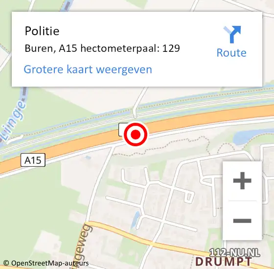 Locatie op kaart van de 112 melding: Politie Buren, A15 hectometerpaal: 129 op 19 september 2024 15:58