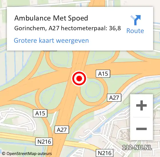 Locatie op kaart van de 112 melding: Ambulance Met Spoed Naar Gorinchem, A27 hectometerpaal: 36,8 op 19 september 2024 16:06