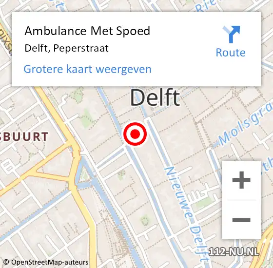 Locatie op kaart van de 112 melding: Ambulance Met Spoed Naar Delft, Peperstraat op 19 september 2024 16:07