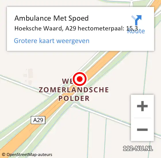 Locatie op kaart van de 112 melding: Ambulance Met Spoed Naar Hoeksche Waard, A29 hectometerpaal: 15,3 op 19 september 2024 16:12