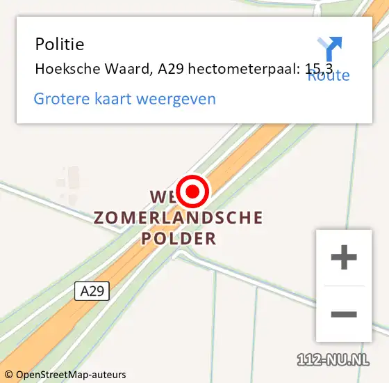 Locatie op kaart van de 112 melding: Politie Hoeksche Waard, A29 hectometerpaal: 15,3 op 19 september 2024 16:13