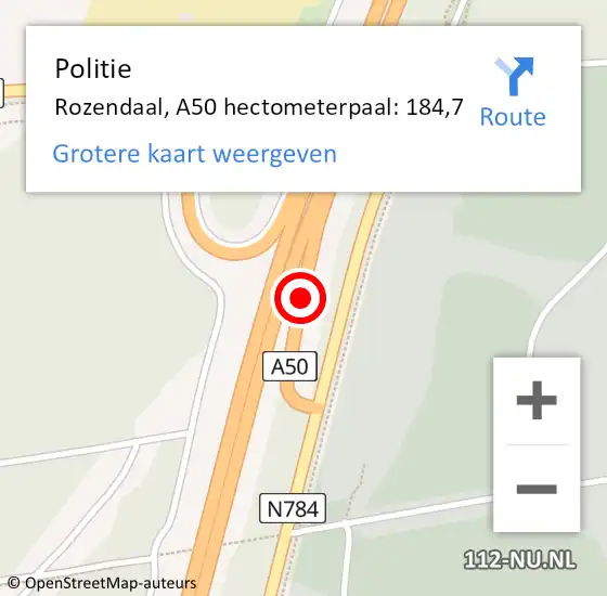 Locatie op kaart van de 112 melding: Politie Rozendaal, A50 hectometerpaal: 184,7 op 19 september 2024 16:25