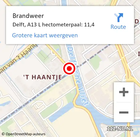 Locatie op kaart van de 112 melding: Brandweer Delft, A13 L hectometerpaal: 11,4 op 20 oktober 2014 17:07