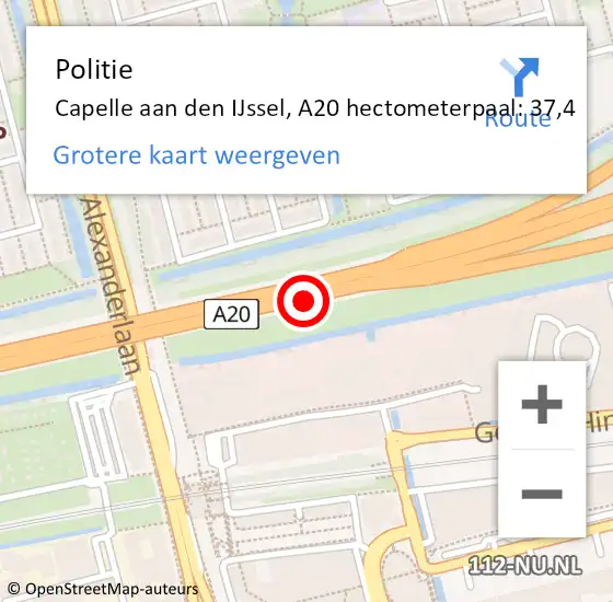 Locatie op kaart van de 112 melding: Politie Capelle aan den IJssel, A20 hectometerpaal: 37,4 op 19 september 2024 17:48