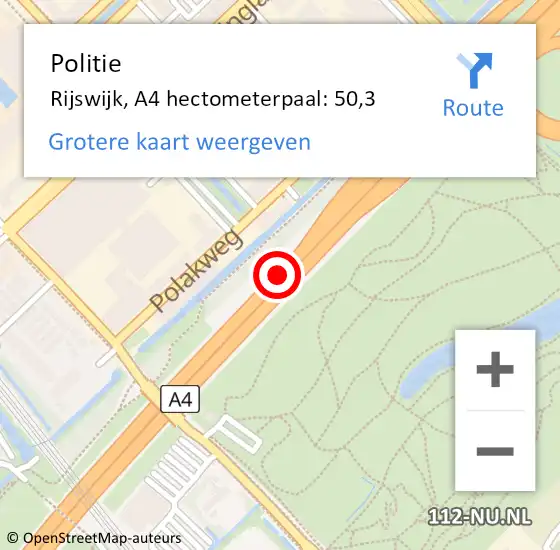 Locatie op kaart van de 112 melding: Politie Rijswijk, A4 hectometerpaal: 50,3 op 19 september 2024 17:49