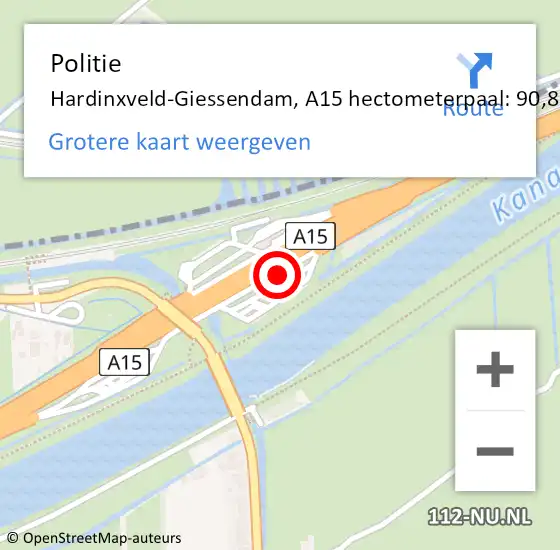 Locatie op kaart van de 112 melding: Politie Hardinxveld-Giessendam, A15 hectometerpaal: 90,8 op 19 september 2024 17:53