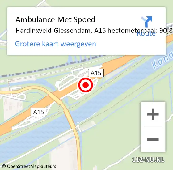 Locatie op kaart van de 112 melding: Ambulance Met Spoed Naar Hardinxveld-Giessendam, A15 hectometerpaal: 90,8 op 19 september 2024 18:17