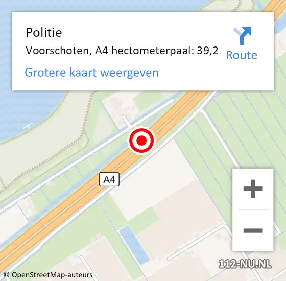 Locatie op kaart van de 112 melding: Politie Voorschoten, A4 hectometerpaal: 39,2 op 19 september 2024 21:32