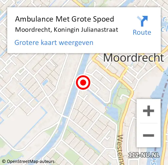 Locatie op kaart van de 112 melding: Ambulance Met Grote Spoed Naar Moordrecht, Koningin Julianastraat op 19 september 2024 21:50