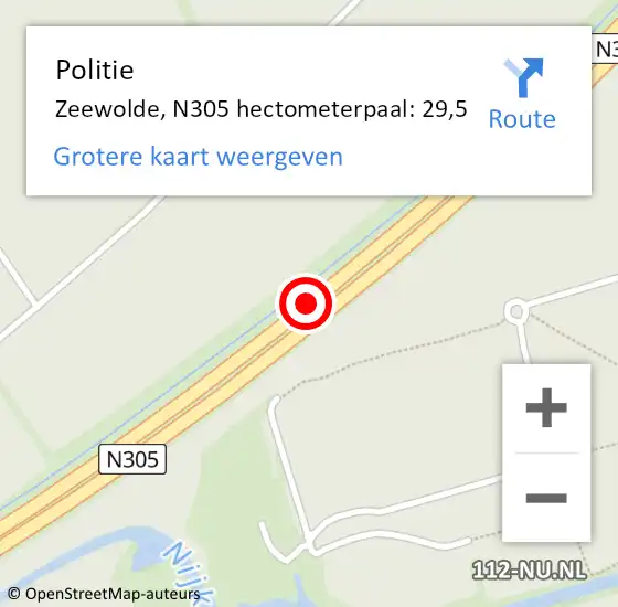 Locatie op kaart van de 112 melding: Politie Zeewolde, N305 hectometerpaal: 29,5 op 19 september 2024 21:56