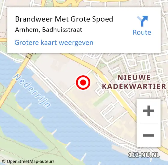 Locatie op kaart van de 112 melding: Brandweer Met Grote Spoed Naar Arnhem, Badhuisstraat op 19 september 2024 22:11