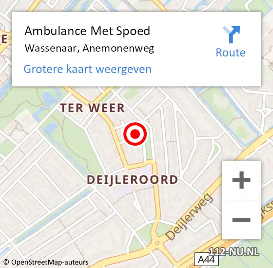 Locatie op kaart van de 112 melding: Ambulance Met Spoed Naar Wassenaar, Anemonenweg op 19 september 2024 22:53