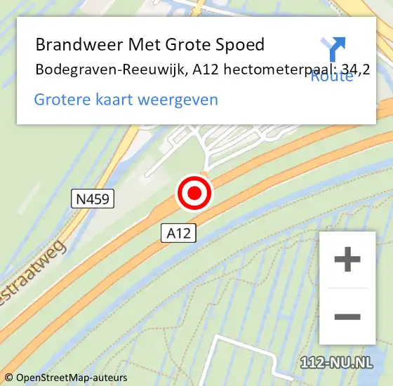 Locatie op kaart van de 112 melding: Brandweer Met Grote Spoed Naar Bodegraven-Reeuwijk, A12 hectometerpaal: 34,2 op 19 september 2024 22:57