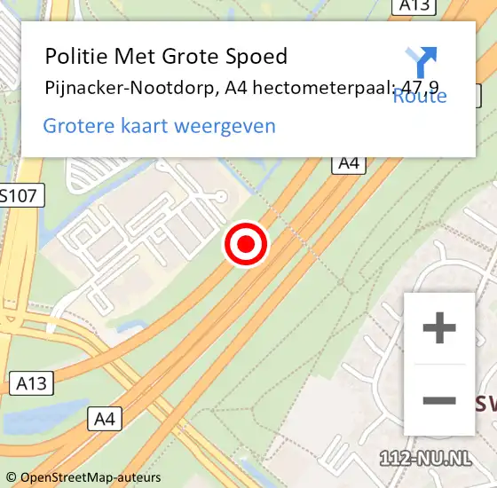 Locatie op kaart van de 112 melding: Politie Met Grote Spoed Naar Pijnacker-Nootdorp, A4 hectometerpaal: 47,9 op 20 september 2024 00:30