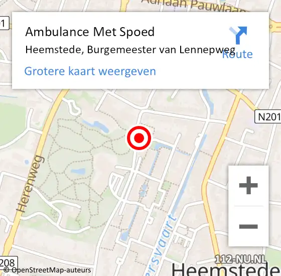 Locatie op kaart van de 112 melding: Ambulance Met Spoed Naar Heemstede, Burgemeester van Lennepweg op 20 september 2024 00:58